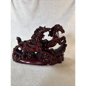 Feng Shui Wild Running Horses Chinese Red Cinnabar Resin Sculpture Figurine 7”